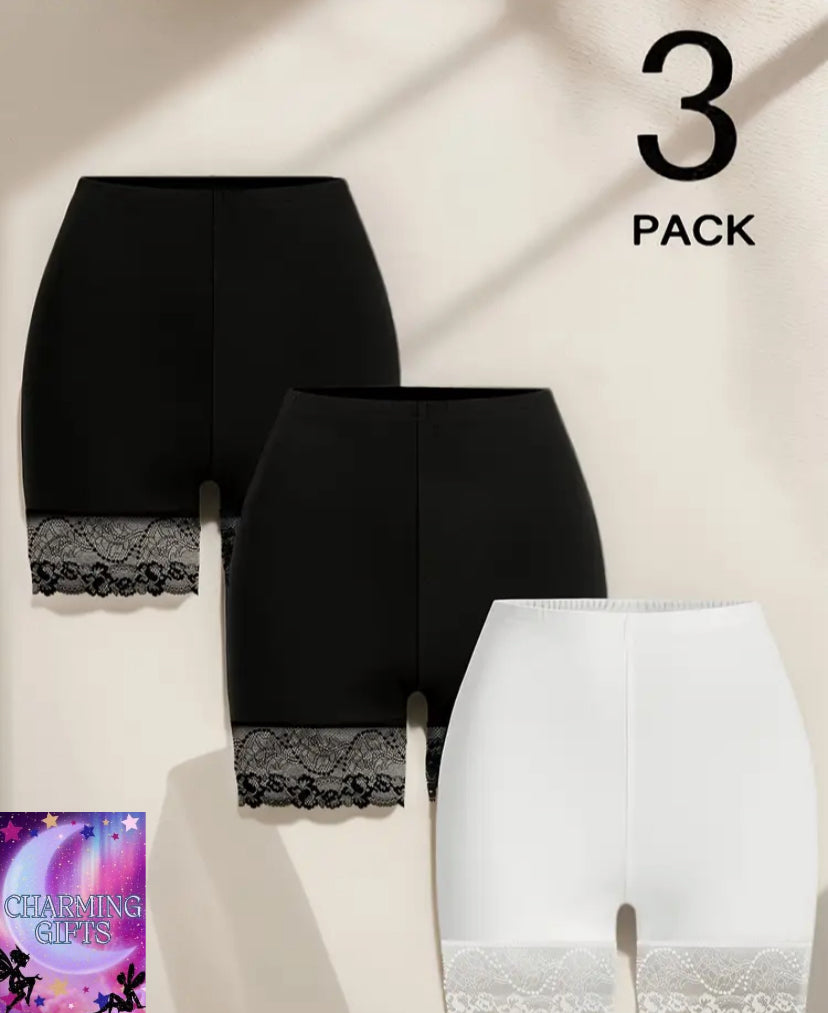 Women's Plus Size 3-Pack Lace Trim Shorts - High Waist, Stretchy, Solid Black & White, Comfortable Clothing & Clothing