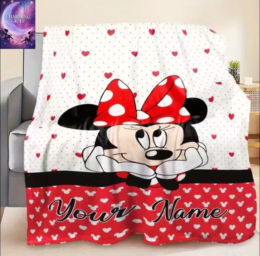 Personalized Minnie Mouse Blanket with Name/Text - Custom Polka Dot Bedspread Suitable for Naps, Camping, Bedding | Soft Flannel Polyester | Gift for,, | Durable All-Season Warmth for Bed, Couch, or Use