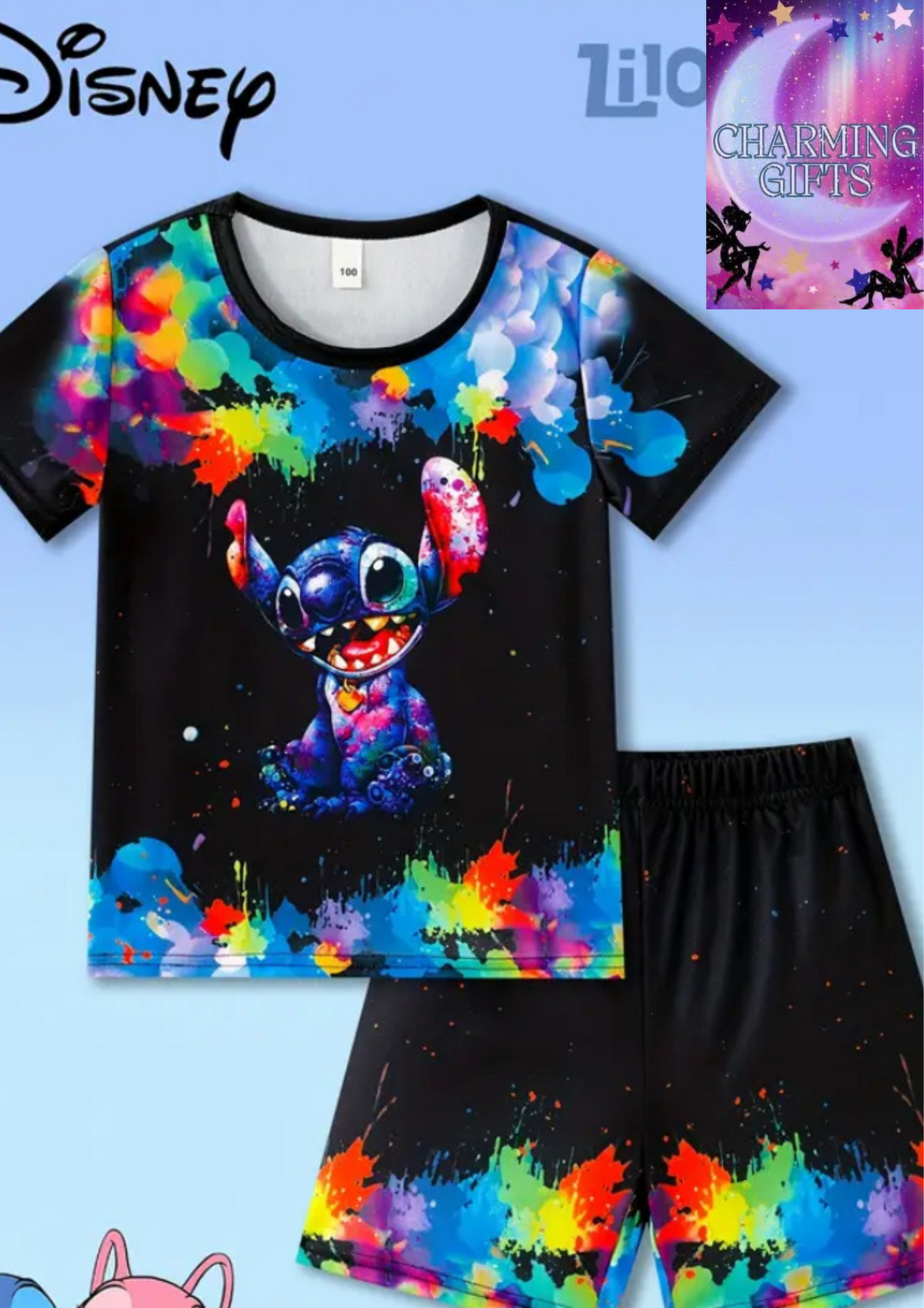 2pcs Shorts Set Summer Disney Series Stitch Cute Pattern Black Ink Short Sleeve T-Shirt & Black Ink Letter Elastic Waist Shorts Fashion Casual Outfit, Lightweight and Comfortable Trendy Sportswear for Kids, Perfect for Outdoor Activities and Casual