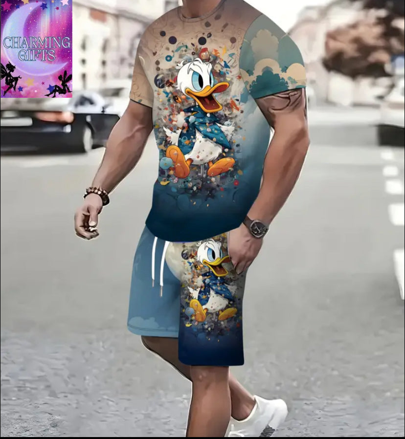 Men's Fashion Short Sleeve Shorts Set Disney Angry Donald Duck Print Casual Sportswear