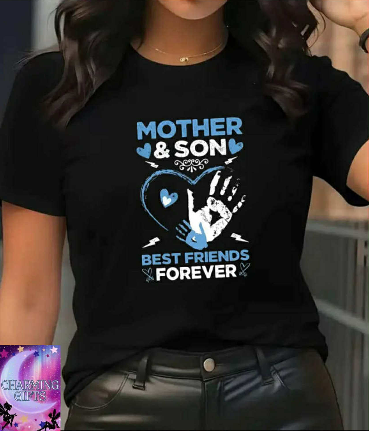Women's Casual Short Sleeve T-Shirt - Mother & Son Best Friends Forever Graphic Print, Black with Blue Lettering, High Elasticity Round Neck, Machine Washable Spring Summer Fall Top, Ladies T Shirts, Round Neck Tee, Nontransparent Fabric