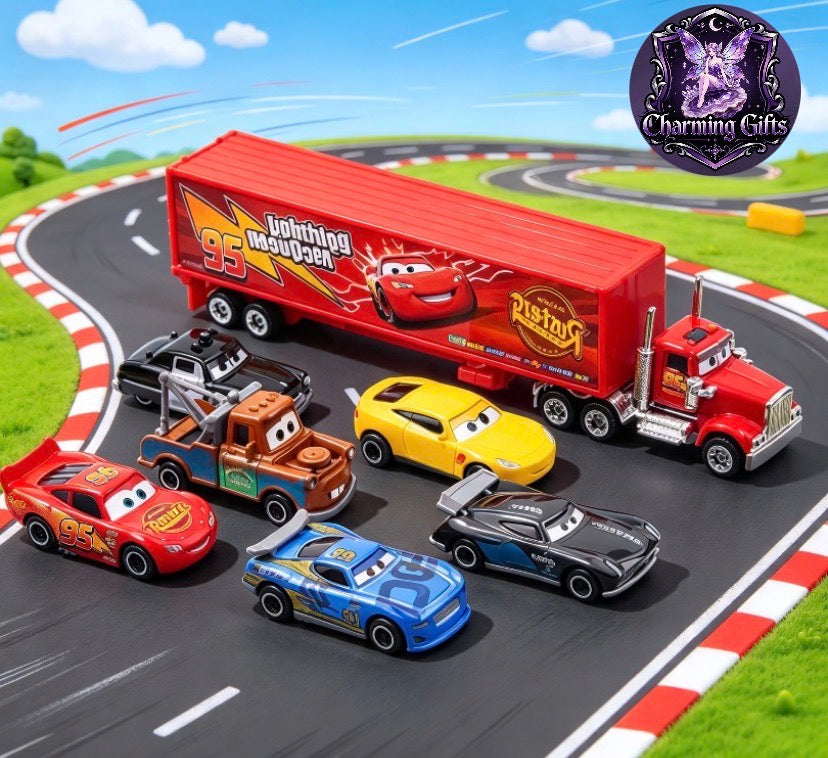 🚗⚡ 7-Piece Disney Cars — Lightning McQueen & Mack Truck Racing Set! ⚡🚛I