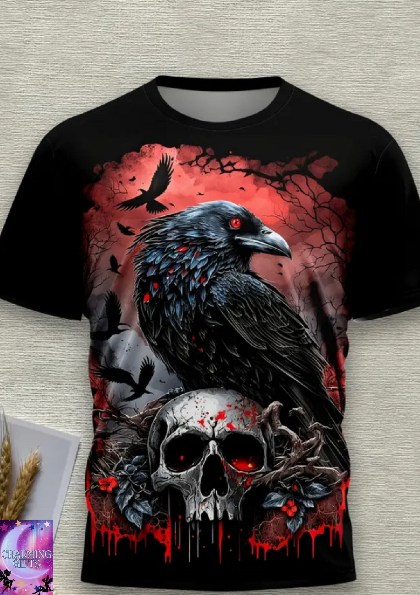 Men's Novelty 3D Crow and Skull Graphic T-Shirt - Black Short Sleeve Crewneck
