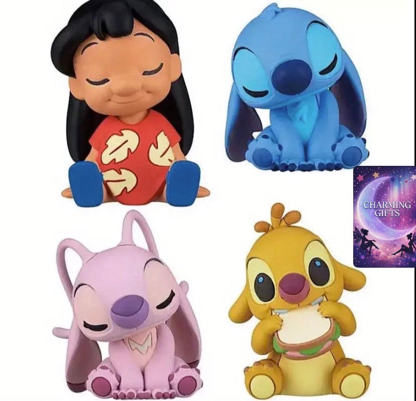 4pcs/set star babies Lilo and Stitch sit side by side, and alien statue office living room desktop car ornaments are suitable for holiday gifts on computer desks.