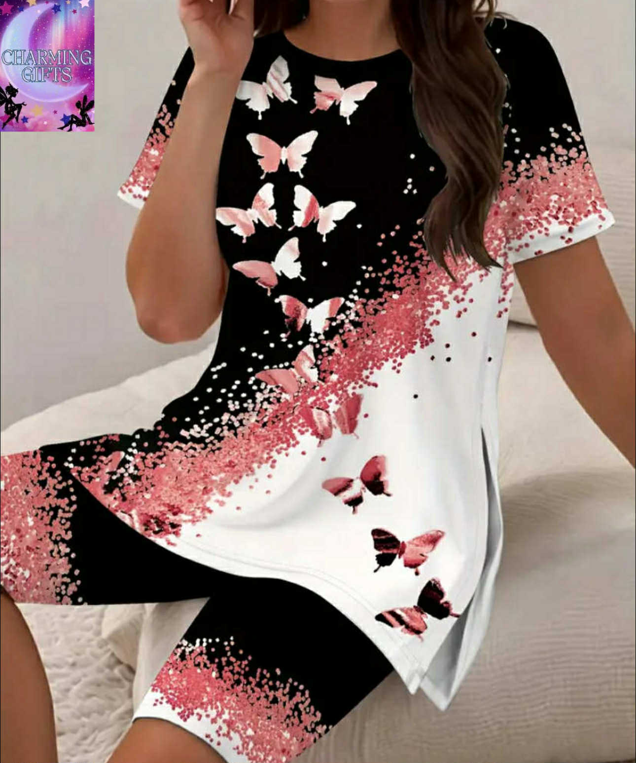 Plus Size Women'S Casual Butterfly Print Short Sleeve Shorts Set - Black and Pink, Split Hem, Crew Neck, Lightweight Polyester, Perfect for Summer Outings, Casual Summer Outfit | Butterfly Print Top | Lightweight Fabri