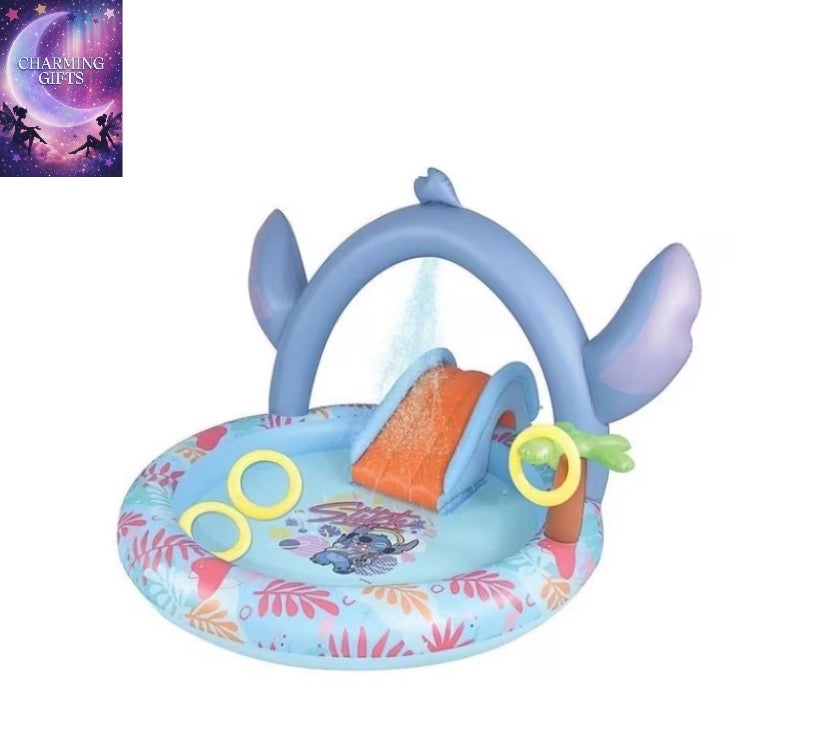 Disney Stitch Inflatable Play Centre Paddling Pool Garden Water Play Pool with Slide Hoops Splash Area Ages Blue