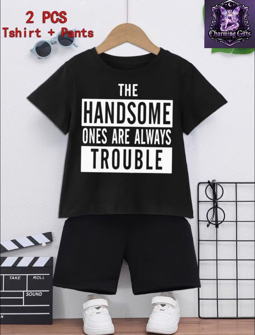 A Two-Piece Set for Boys Featuring a Stylish Print Short-Sleeve T-Shirt That Always Attracts Trouble And Elastic Waist Shorts, for Outdoor