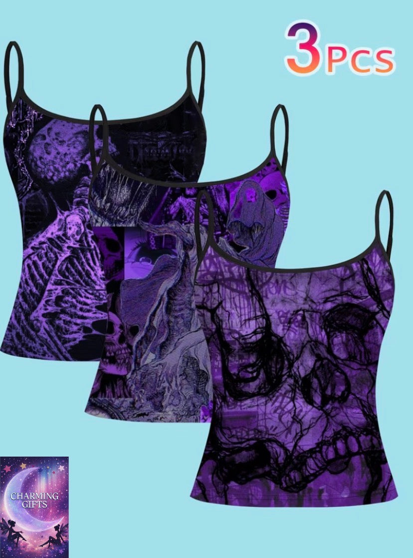 3pcs Set Purple-Toned Skull Print Spaghetti Strap Cami Dark Gothic Style Top