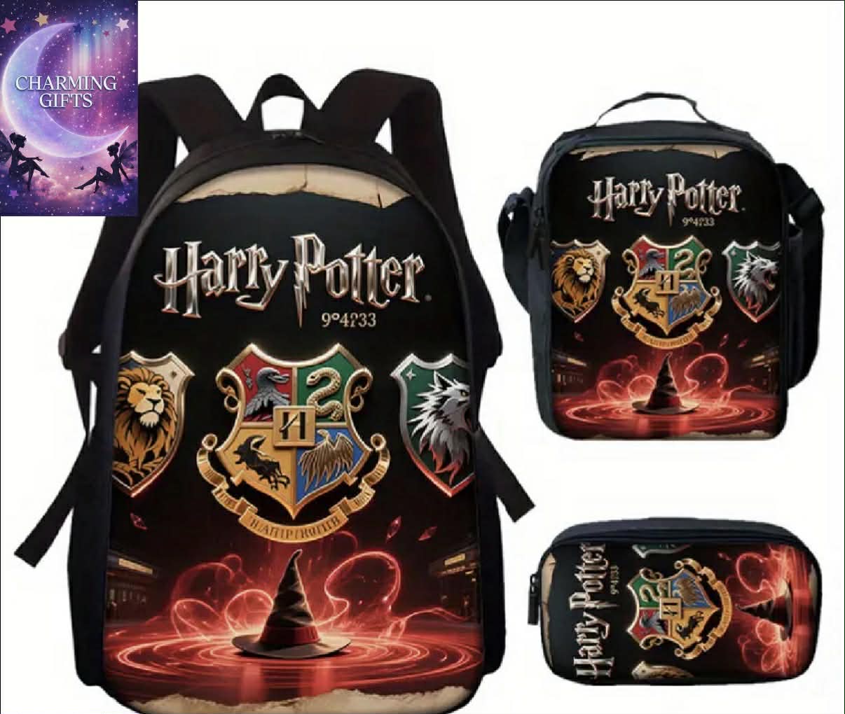 Magical Academy Series Cool Harry Potter Character Cartoon Backpack 3pcs Set, College Style Large Capacity Lightweight and Stylish for Daily Commute and Short Trips, Perfect Gift for Birthdays or Everyday Use