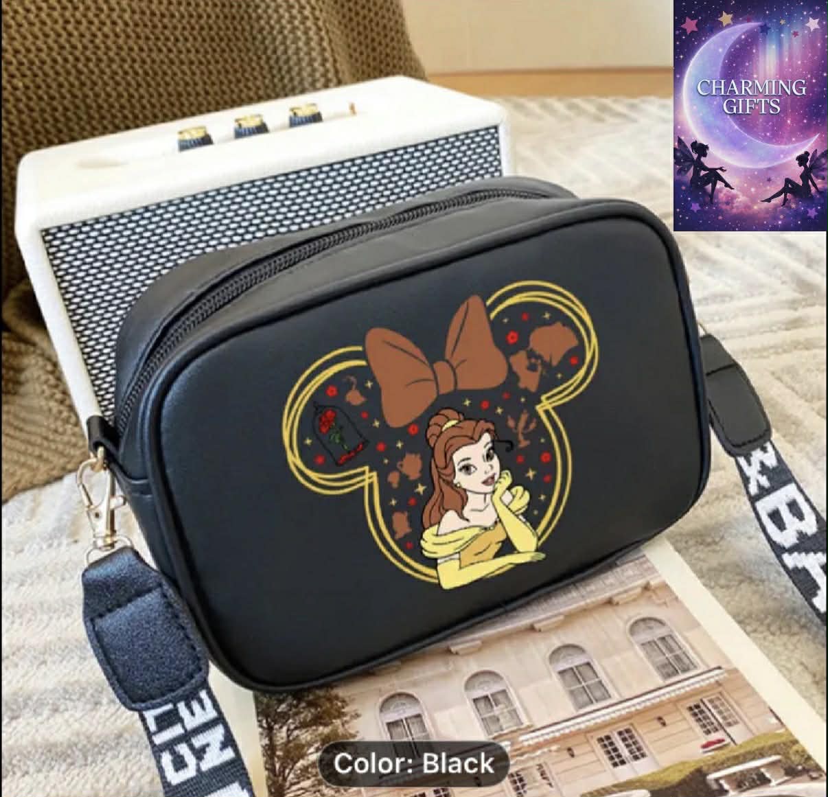 Disney Belle Crossbody Bag, Fashion Minimalist Shoulder Purse with Adjustable Strap, Lightweight Polyester Lined, Casual Daily Commute College Outing Accessory, Dry Clean, Black