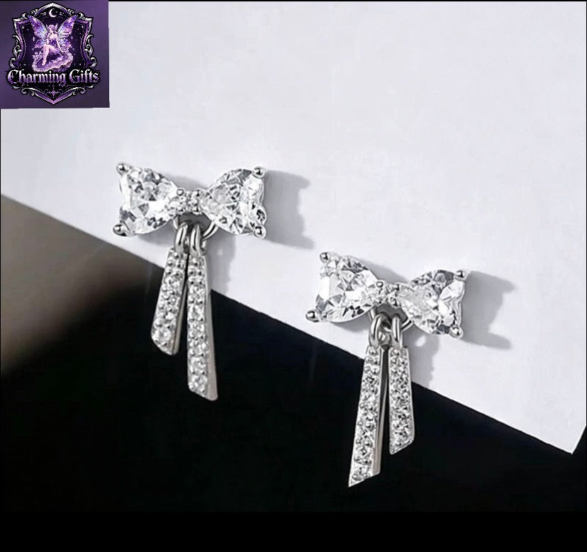 925 Sterling Silver Crystal Bow Stud Earrings