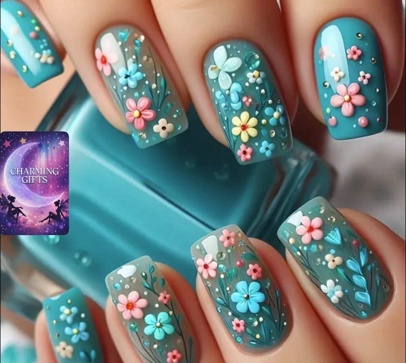 24pcs Spring Summer Blue Floral Press-On Nails - Short Square Glossy Wearable Nail Patches with Jelly Glue & File Strips, Vibrant Flower Designs for Hands & Feet, Nail Accessories, Quick Beauty Fix, Hand And Foot Decor, Durable Pressons