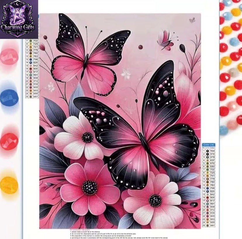 A 5D Round Diamond Full Drill Frameless Large-Sized Diamond Painting Featuring a Pink Butterfly And Flowers, Measuring 30X40 Cm / 11.8X15.7 Inches. It Is Suitable for Beginners And Craft Enthusiasts, Making It a Decorative Piece for Living Rooms