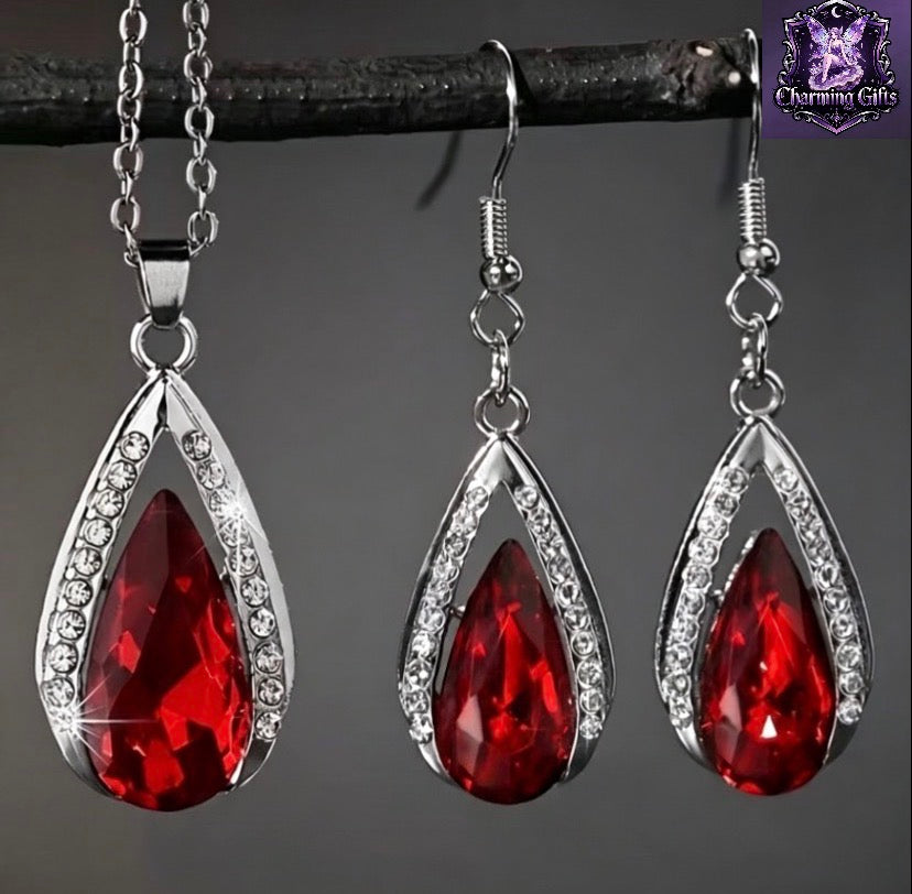3pcs Fashion Exquisite Black And Red Water Drop Zirconia Pendant Earrings Necklace Jewelry Set Valentine'S Day Anniversary Birthday Party Wedding Gift Jewelry Additions Fashion Items That Can Be Worn All Year Round