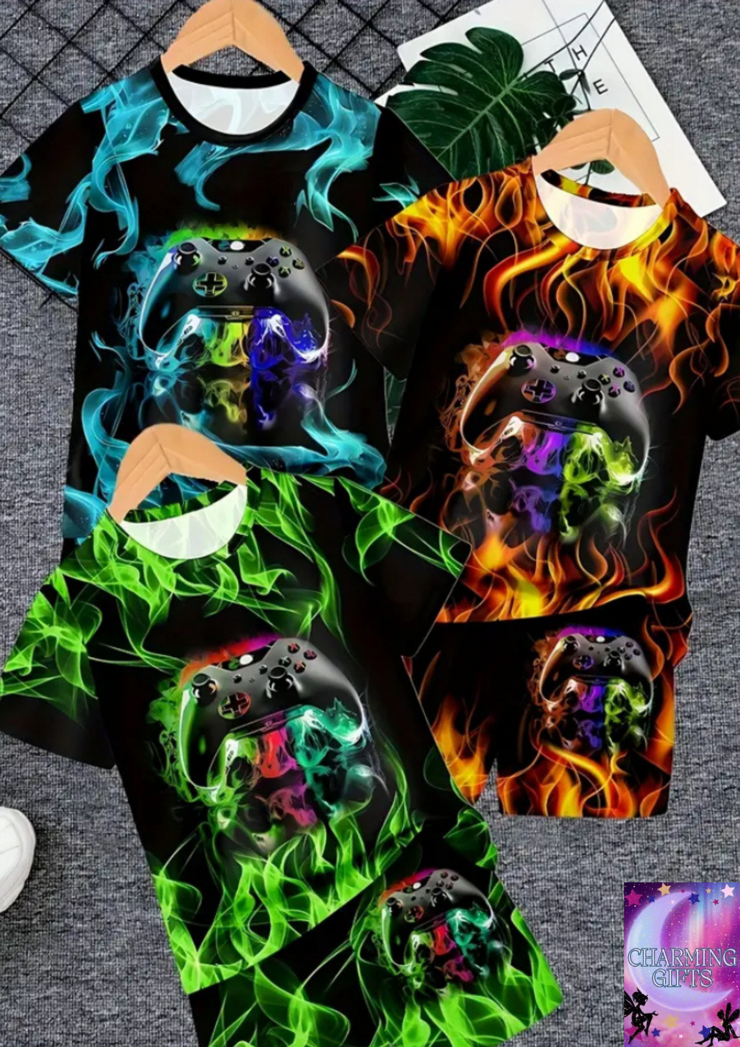 6pcs set; boys' fashion 3D printed game console; game; leisure short-sleeved shorts T-shirt spring and summer short-slee shorts set, boys' outdoor top with shorts set.