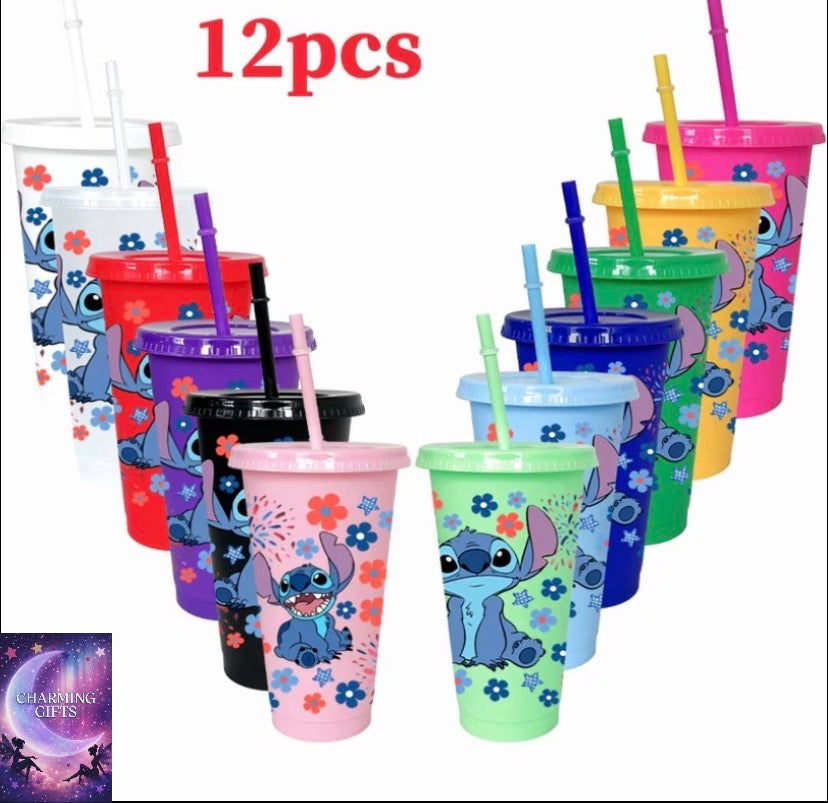 12pcs Plastic Water Cup Stitch , Flower Pattern, 780ml/26oz with Cover and Straw, Summer Holiday Beach Water Cup/home Kitchen Decorative Cold Drink Cup, Reusable Water Tumblers mixed Colors