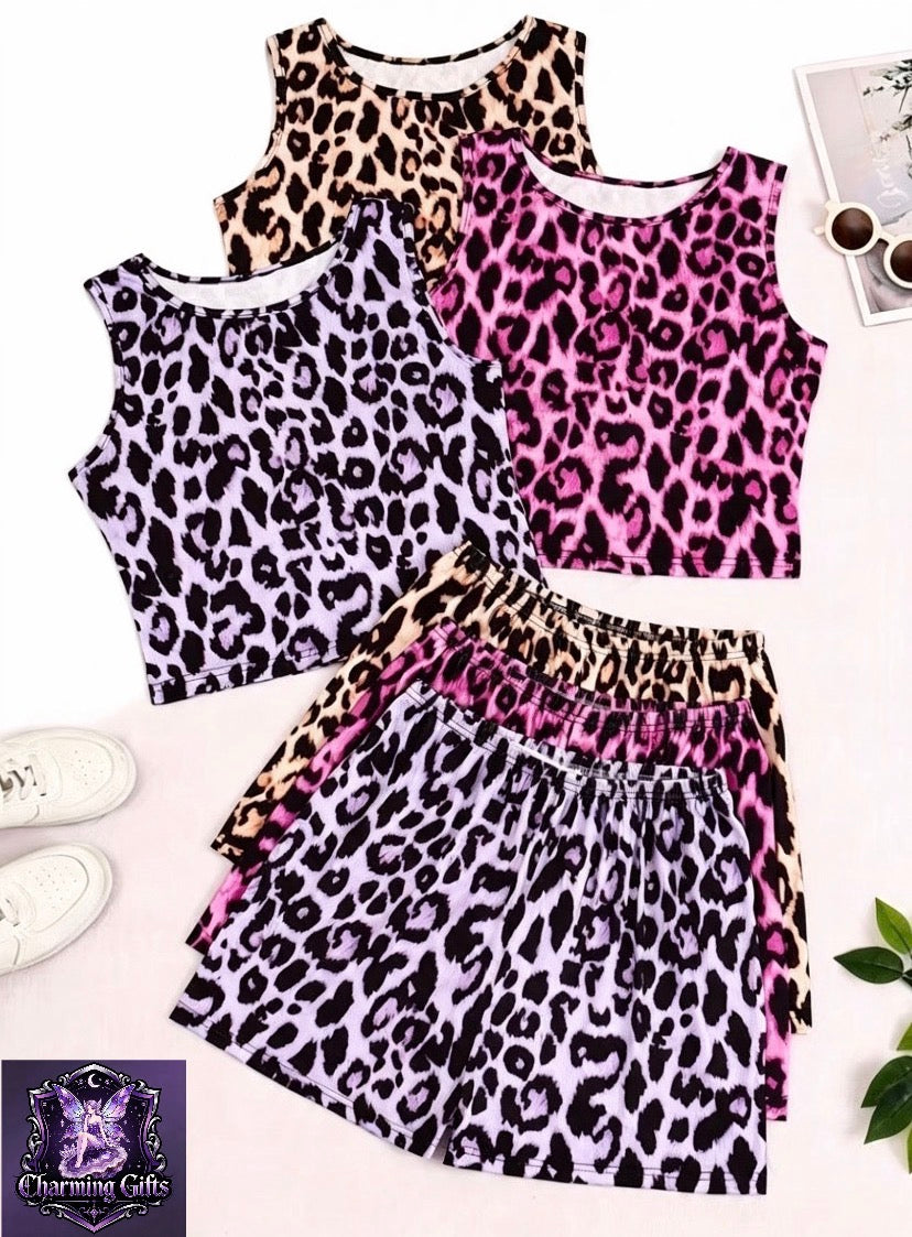 Leopard Print Vest Casual Sexy Pajama Set for Women, Top and Pants, 6pcs Set