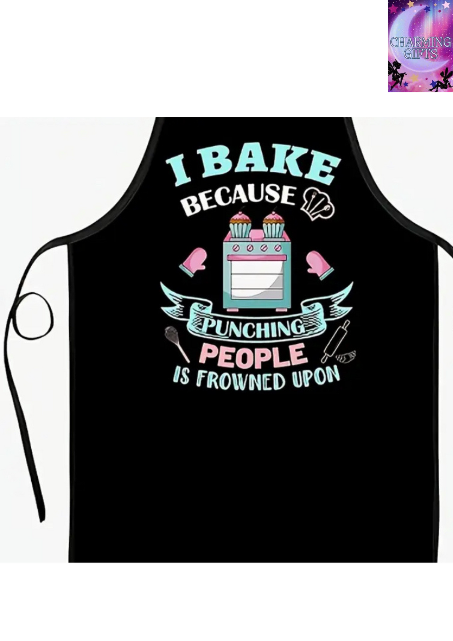 1pc Humorous "I Bake Because Punching People Is Frowned Upon" Apron - Black Polyester with Colorful Kitchen Illustrations, Ideal for BBQ, Hairdressing & Baking, Artistic Design with Ribbon Accents, Kitchen Apron|Fun Cooking Attire|Polyester Apron, Baking