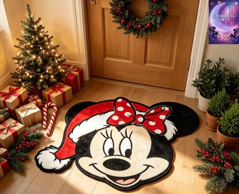 1pc Christmas Hat Polka Dot Bow Minnie Head Pattern Floor Mat for Entrance, Irregular Shape Carpet, Creative Design, Non-Slip Pad for Living Room, Bedroom, Kitchen, Bathroom, Fan Home Decor, Christmas Holiday Gift