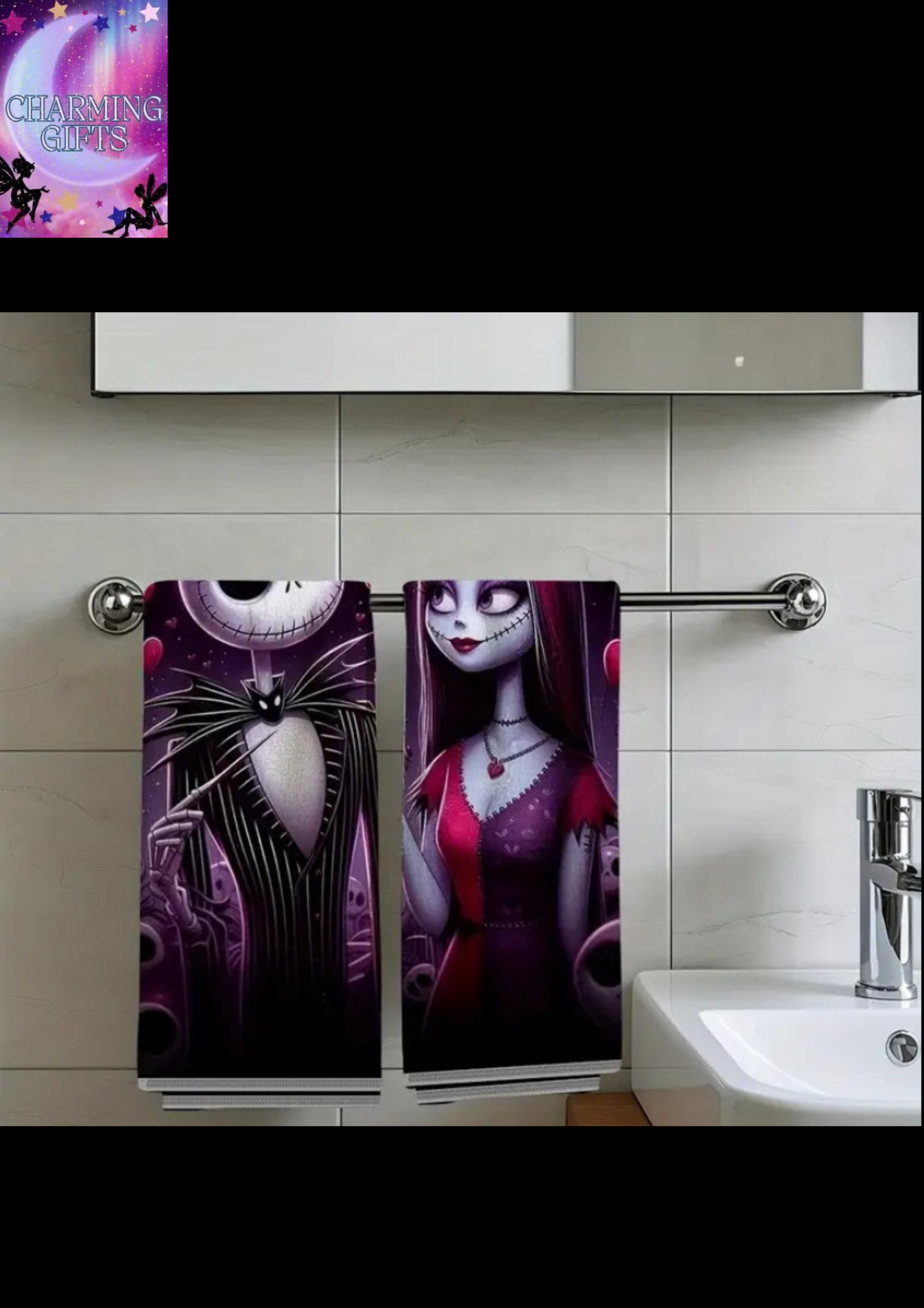 2pcs Jack Skellington & Sally Hand Towels - Soft Polyester, Vintage "The Nightmare Before Christmas" Design, Perfect for Bathroom, Kitchen,