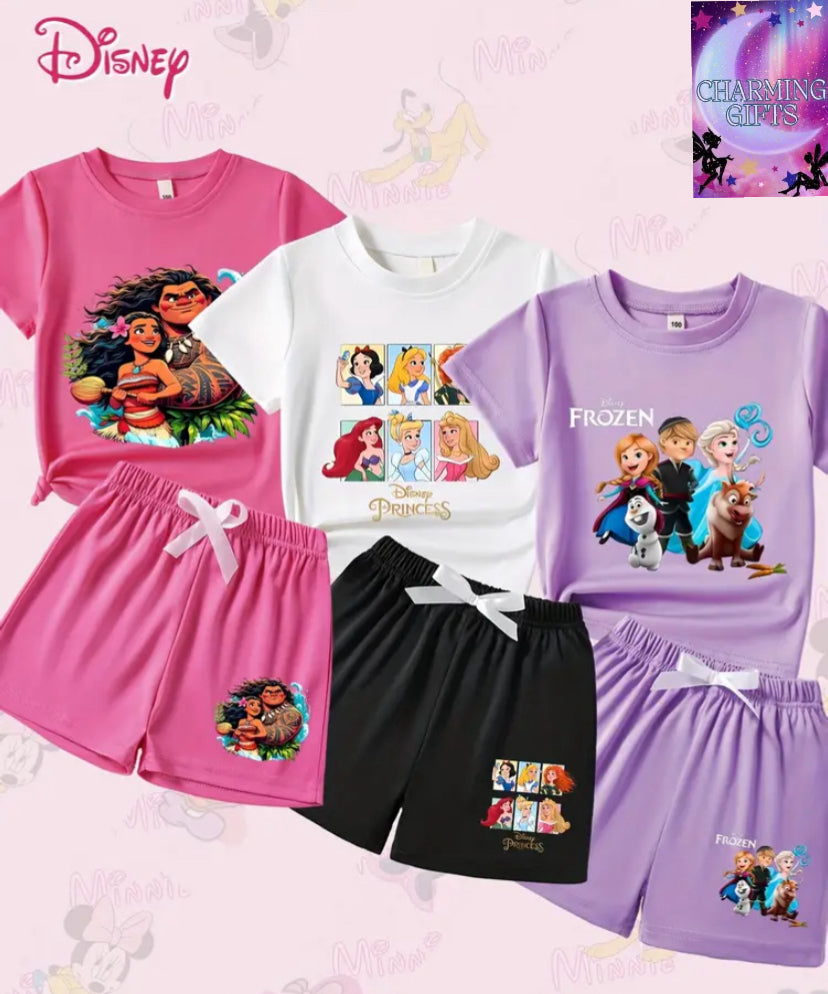 Girls' Spring and Summer New 6pcs Elements Fantasy Set Basic Style Round Neck T-shirt with Shorts, Top Printed with Classic Characters, Matching Moana and Maui, Six-Grid Cartoon Animation Princesses, Frozen Series Q Version Cartoon Characters Embossed, Bo