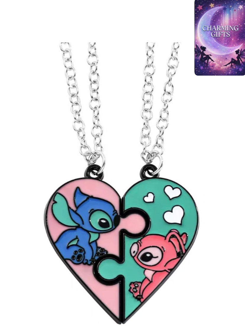 1pair Fashion Creative Disney Cartoon Stitch and Angie Heart Pendant Necklace for Women Jewellery