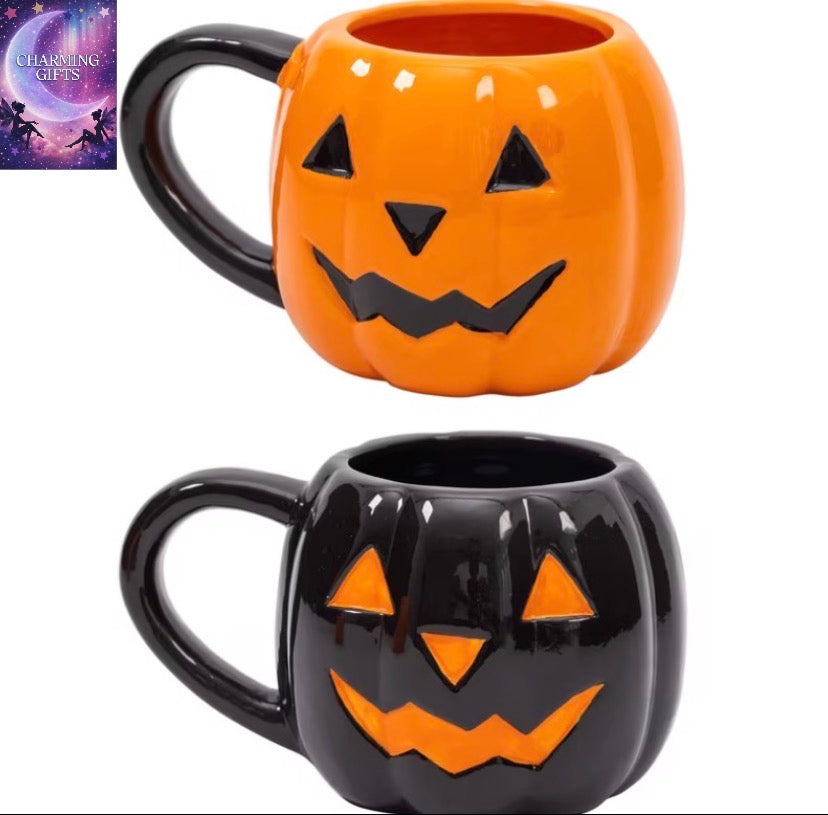 Evelay 2pcs Halloween Pumpkin Ceramic Mugs – Black & Orange Cups for Hot or Cold Drinks, Cute Autumn Coffee Cups for Home, Office, or Party Decor