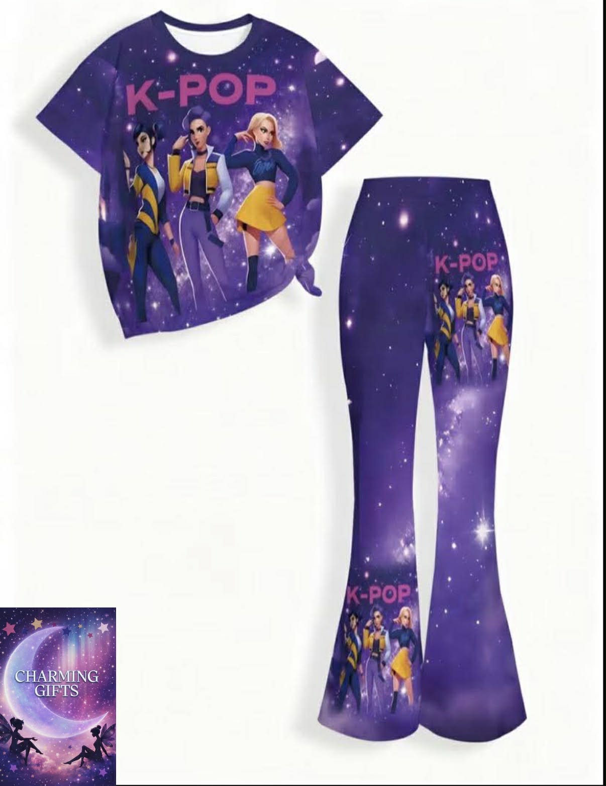 Girls' Two-Piece Short-Sleeved Top and Flared Pants Set | Suitable for Teenagers as Casual Wear, Adorable Style and Lively Design, Perfect for Both Indoor and Outdoor Wear, Fabric with Random Print, for Outdoor