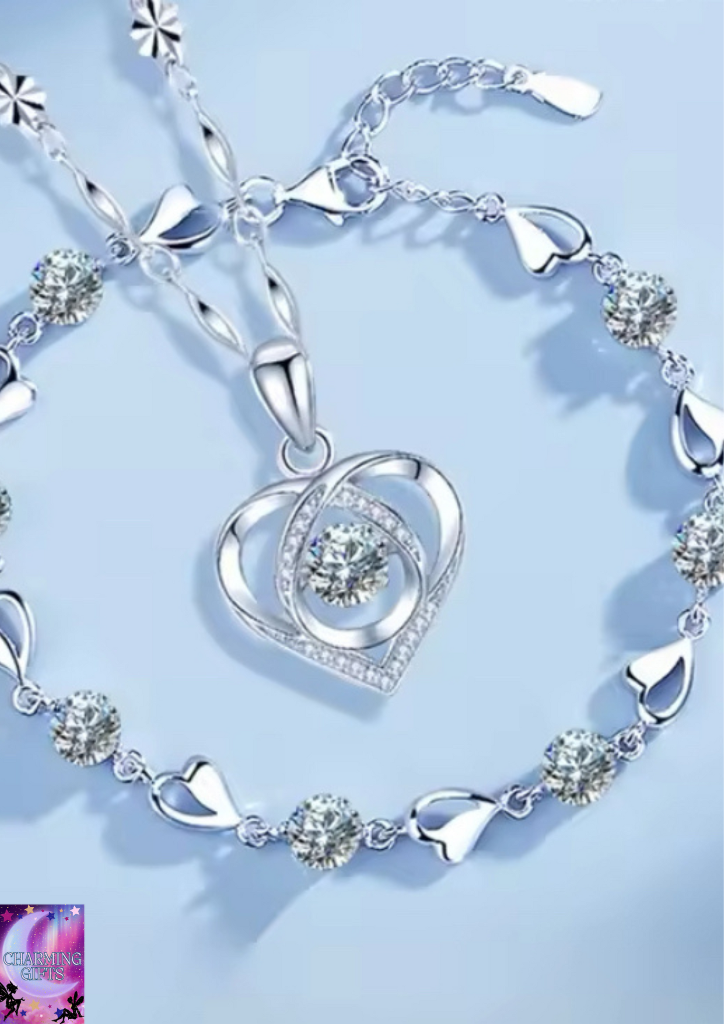 925 Sterling Silver Heart Shaped Necklace Bracelet Set for Women Vintage Korean Blue Crystal Bracelets Jewelry Set Party Jewelry