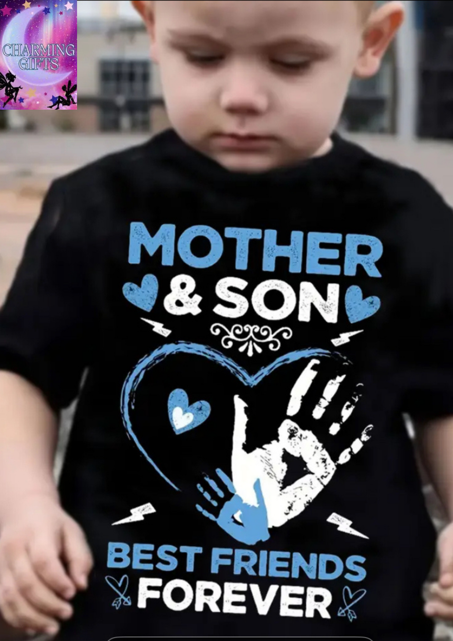 Mom and Son" Heartfelt T-Shirt - Boys' Casual Black Short Sleeve Tee with Blue Hearts & Hands Design, Perfect for Mother'S Day Gift, Everyday Comfort, Youth Fashion Top, Boys T Shirt