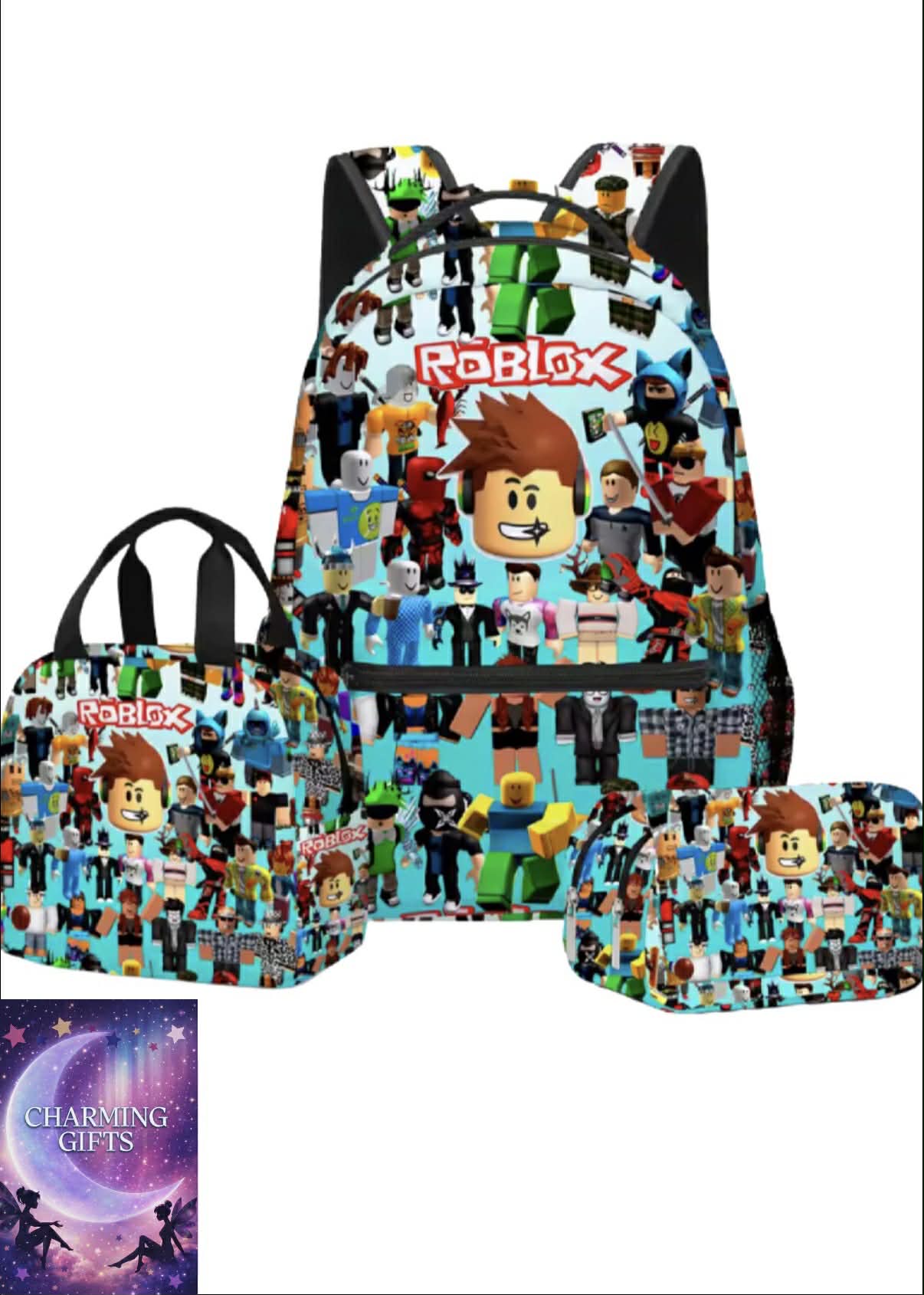 3PC-SET Set ROBLOX Virtual World Primary Secondary School Schoolbag Backpack Mochila Backpack Lightening Zipper Shoulder