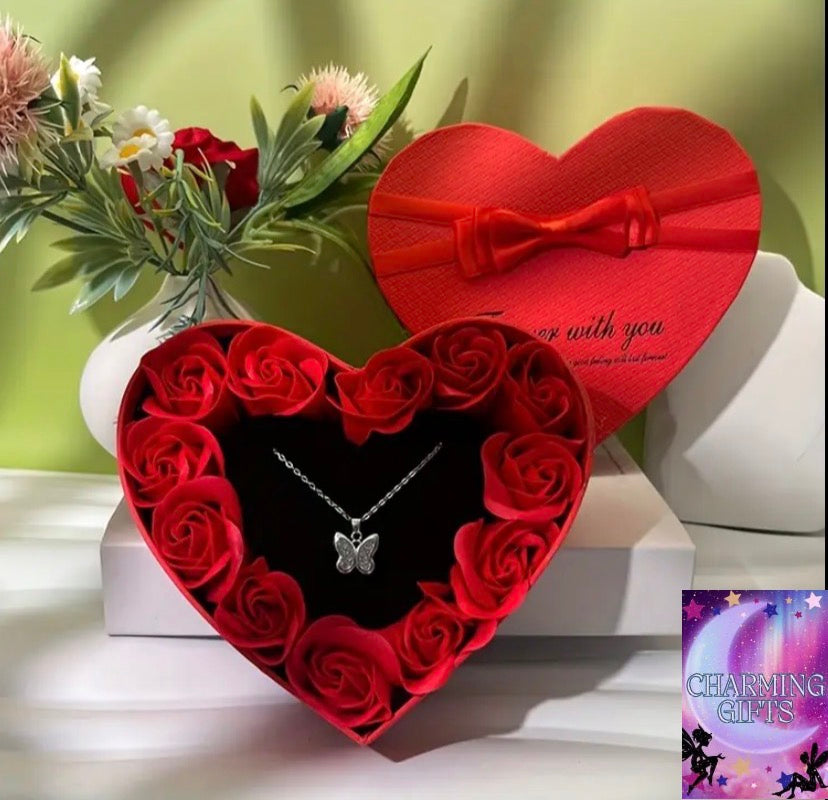 Rose Gift Box with Heart-Shaped Lid - Elegant Red Roses & Pendant Necklace, Transparent Acrylic Floral Design for Weddings, Birthdays, Anniversaries - Perfect For Bridesmaid Proposals, Flower Gifts, Wedding Decorations