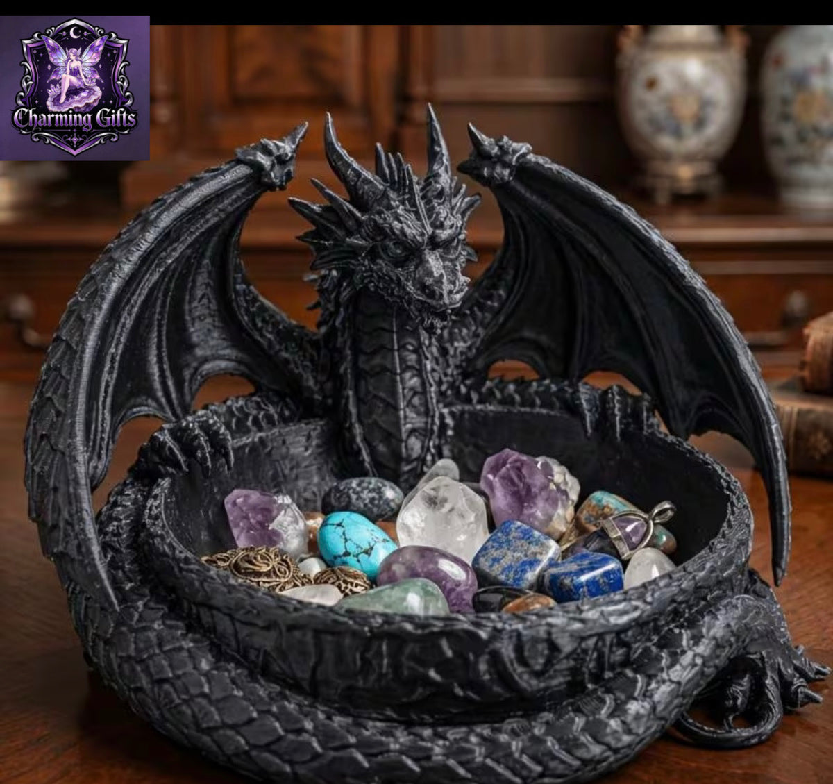 🐉🖤 GUARDIAN DRAGON CRYSTAL BOWL — TREASURE KEEPER! 🖤🐉 COMES WITH 10 CRYSTALS