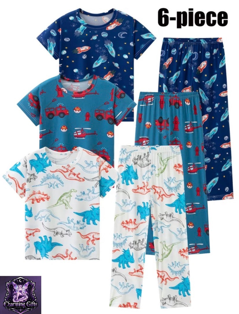 6pcs Boys' Pajama Set, Summer Medium/Large Size for Big Kids, Toddlers, and, All Sizes, Short-Sleeve Pajamas + Long Pants, Dinosaur, Rocket, and Car Pattern Pajama and Pants Set, Suitable for Young Boys Ages 4-13, Matching Outfits for Siblings
