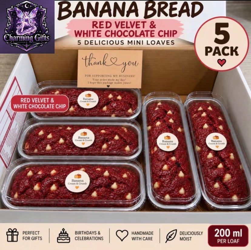 ❤️🤍 5 Pack Red Velvet & White Chocolate Chip Banana Bread Mini Loaves
