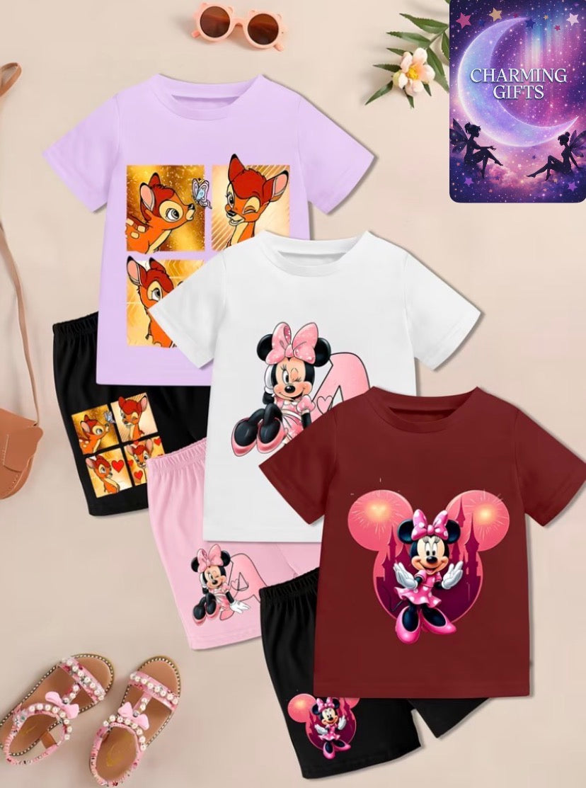 6pcs Disney T-Shirt and Shorts Set, Minnie Mouse Design, Cute Pattern, Soft Fabric, Short Sleeve Round Neck, Perfect for Kids' Trendy Outfits, Perfect for Outdoor