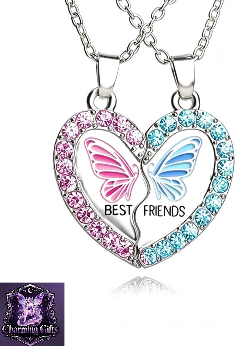 BFF Necklace for 2, Best Friend Cute Zircon Crystal Butterfly Valentines Day Gifts Matching Heart Pendant Friendship Necklaces