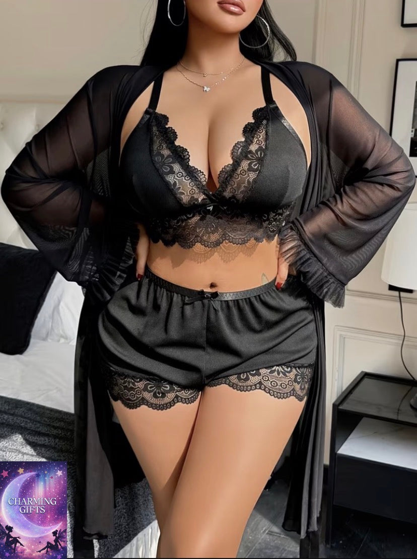 Sexy Lace Camisole Nightgown with Lace Trim, Floral Lace Wide Sleeve Mesh Three-Piece Sleepwear Set