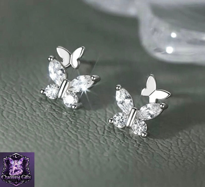 925 Sterling Silver Crystal Butterfly Stud Earrings