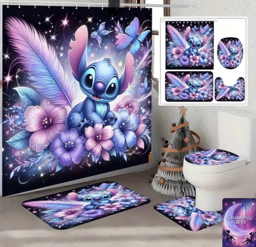 4pcs Disney Shower curtain set Stitch Stylish shower curtains with hooks,, mats, U-shaped toilet seats and covers - add a decorative touch to your space