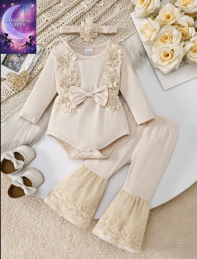3pcs Spring/Summer Girls' Round Neck Floral Bow Bodysuit + Lace Flared Pants & Headscarf, Clothing for Girls, Perfect for Outdoor
