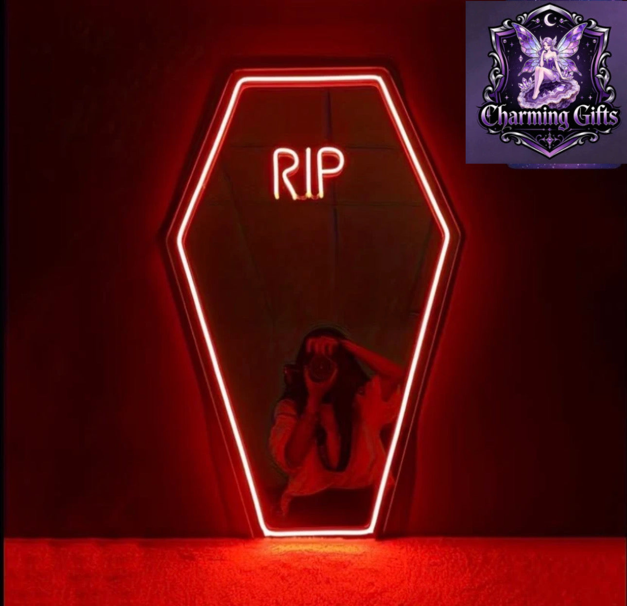 RIP Neon Selfie Mirror Coffin - USB Powered, Adjustable LED Lighting, Wall Mountable, Perfect Spooky Halloween Gift for Women with Unique Coffin Design