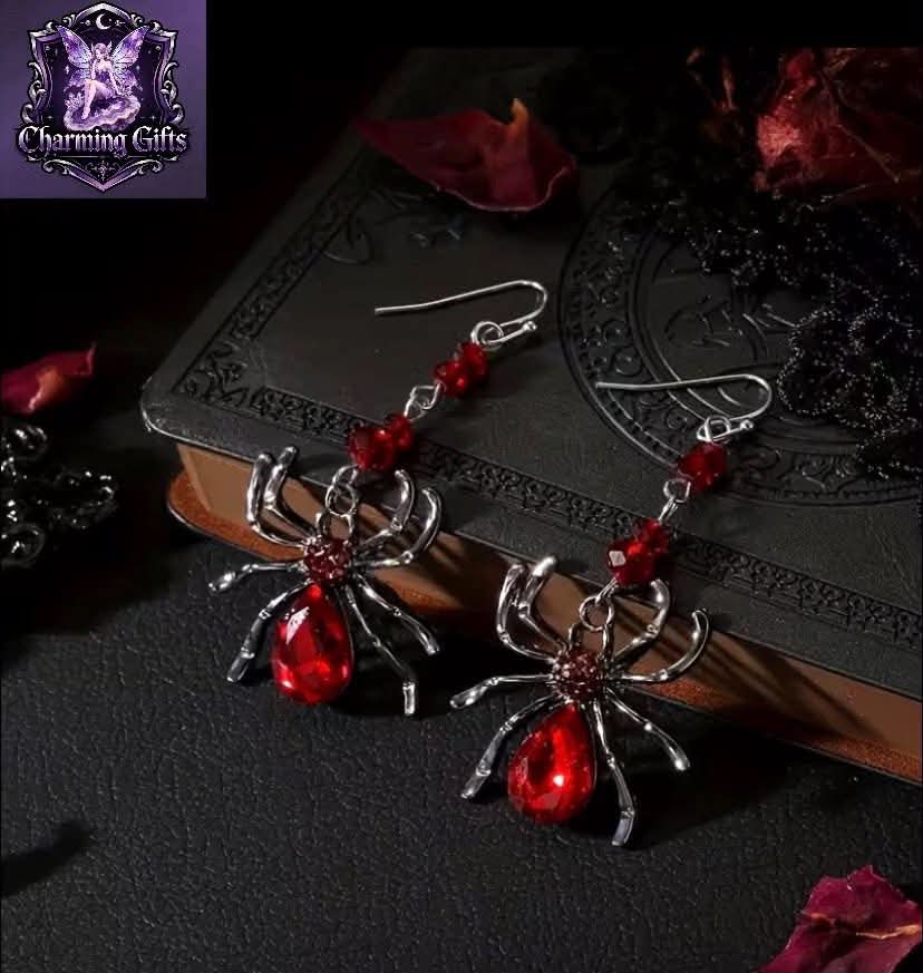🕷️ Gothic Red Spider Long Drop Earrings — Bold Halloween Style