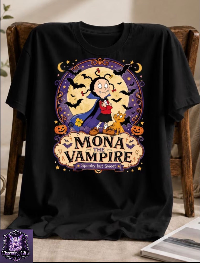 Unisex T-Shirt Mona The Vampire Spooky But Sweet Cartoon Girl Cat Bats Moon Pumpkins Gothic Animation Retro TV T-Shirt