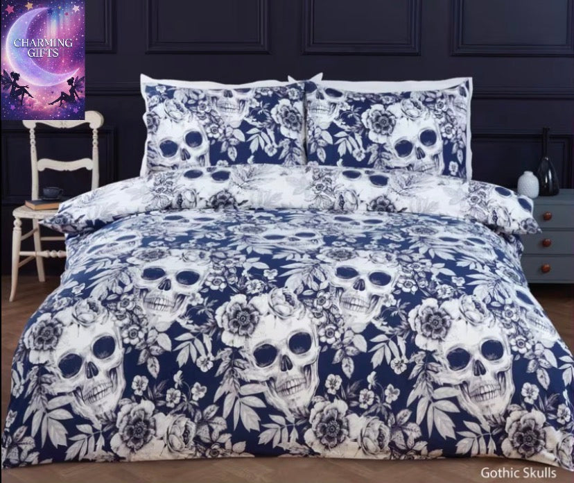 Shadow Skulls Microfibre Reversible Duvet Cover Set | Halloween Bedding | Gothic Skull & Floral Design | King Size| Includes Pillowcase | Soft, Durable & Wrinkle Resistant | 180 Thread Count | Popper Closure | Machine Washa