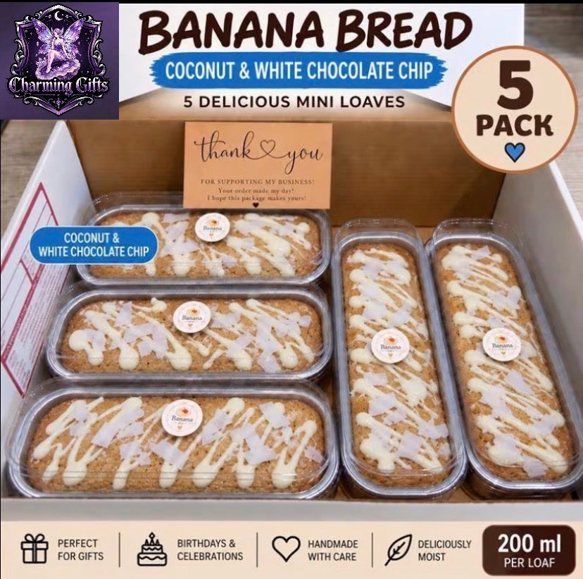 🥥 Pack of 5 Homemade Coconut & White Chocolate Chip Banana Bread Mini Loaves