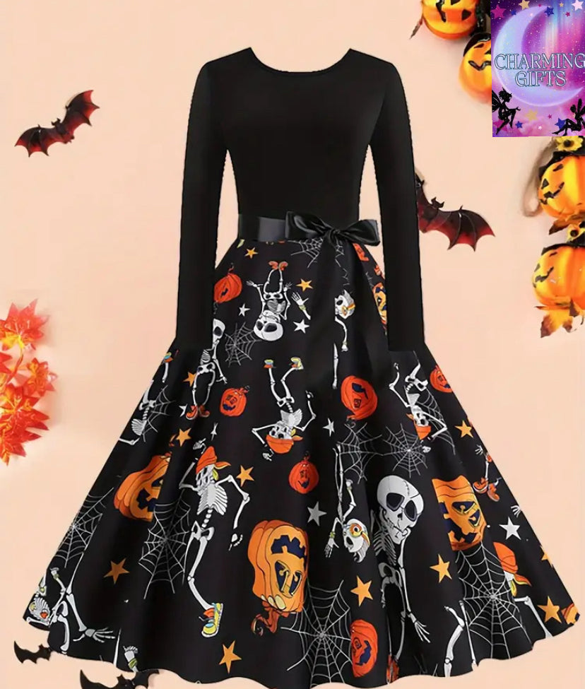 Elegant Halloween Pumpkin Print Maxi Dress with Belt - High Waist, Long Sleeves, Round Neck, Black with Orange Pumpkins & Purple Stars, Perfect for Fall/Winter Celebrations, Halloween Dress