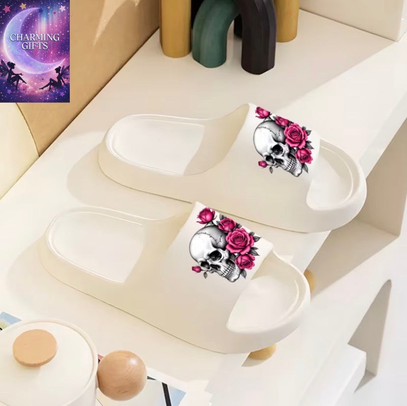 1 Pair Women'S Home Slippers, Gothic Style Skull Rose Print Slippers, Casual Slippers, Flat Slippers, Open-Toe Slippers, Indoor/Outdoor Slippers, Room Slippers, Bathroom Slippers, Pool EVA Sandals, Beach Slippers, Hand Wash Fabric, Women Shoes