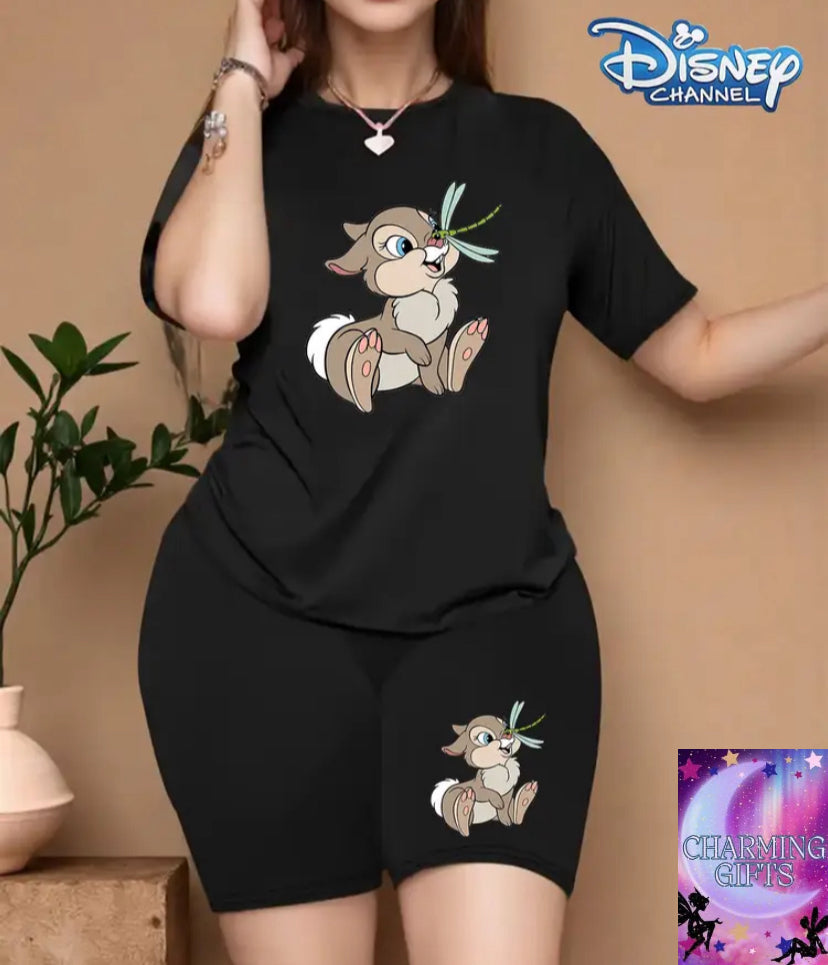 Cute thumper Print Short Sleeve Women'S T-shirt, Large Size Women'S Round Neck T-shirt Shorts Set, Simple Fashion Summer Casual Sports Two-Piece Set Perfect Choice