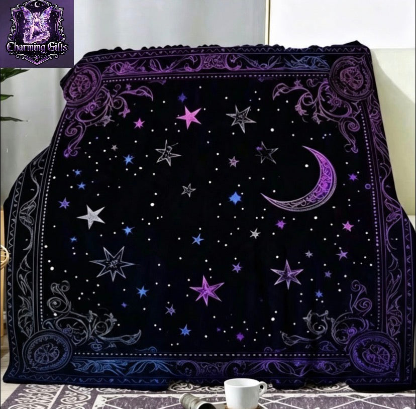 1pc Purple Black Starry Sky Moon Print Flannel Blanket - Soft Breathable, Warm And Lightweight, Suitable for Camping, Living Room, Sofa, Office, Home Throw, And Digital Printed Decorative Blanket